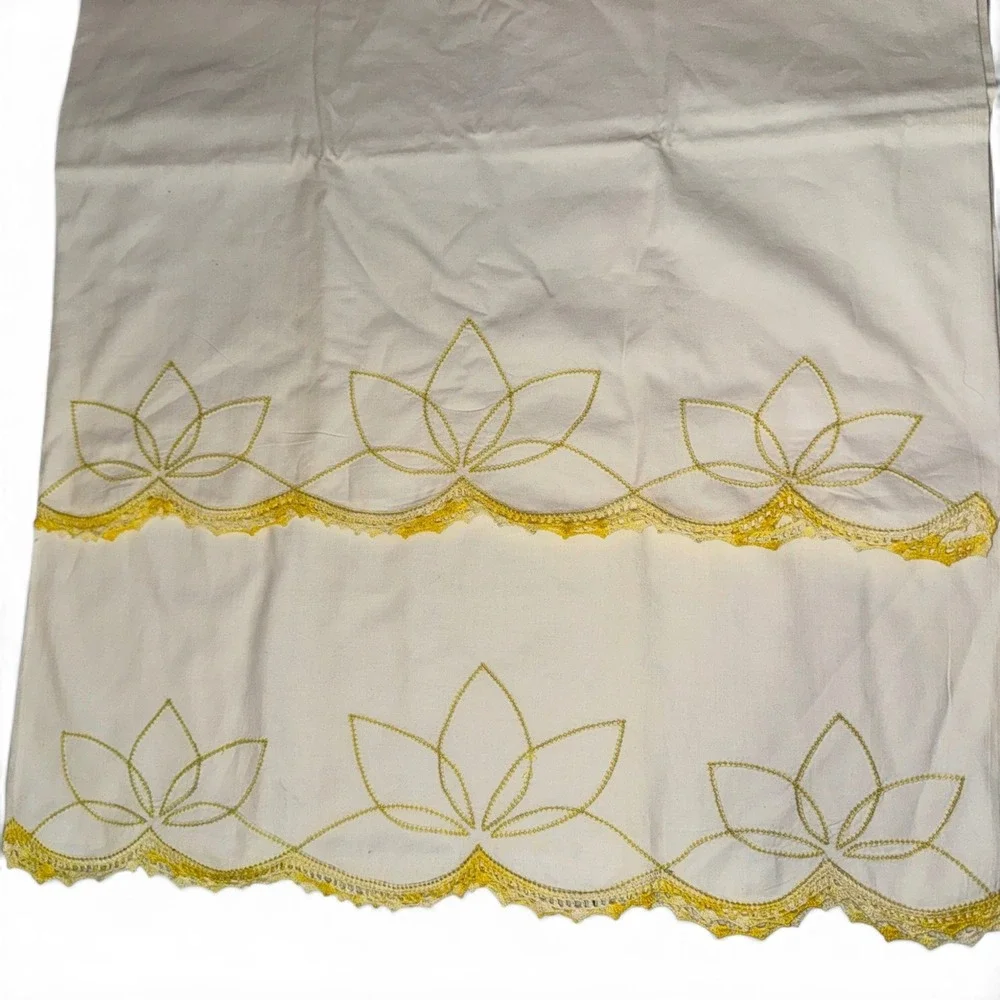 Pillowcase Set King Size White Yellow Embroidered Lotus Scalloped Crochet Lace